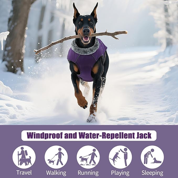 DENTRUN Extra Large Warm Dog Jacket - Windproof Water Repellent Reflective Coat, Adjustable Plush Turtleneck, Easy Wear Fleece Lined Cold Weather Vest for Great Dane, Purple, XXXL