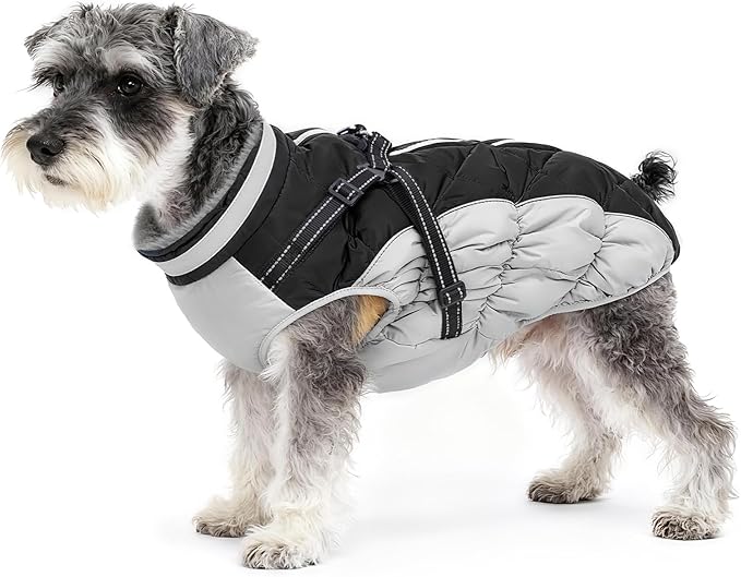 Dog Winter Coat with Harness, Dog Jacket, Pet Clothes with Zipper on Back, Waterproof Windproof Warm Vest, Reflective Cold Weather Coats, for Small Medium Large Dogs, Thick, Black, S