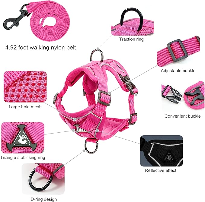 Escape Proof Cat Harness and Leash Set for All Types of Cats - Adjustable Reflective Soft Mesh Vest with 4 Buckles, Breathable Walking Harness for Kittens to XL Cats