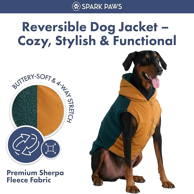 Spark Paws Reversible Dog Sweater, Sherpa Vest with Warm Fleece Lining, Warm Coat for Winter, Suitable for Small Medium, Large, XL XXL Dogs - Orange and Green - M
