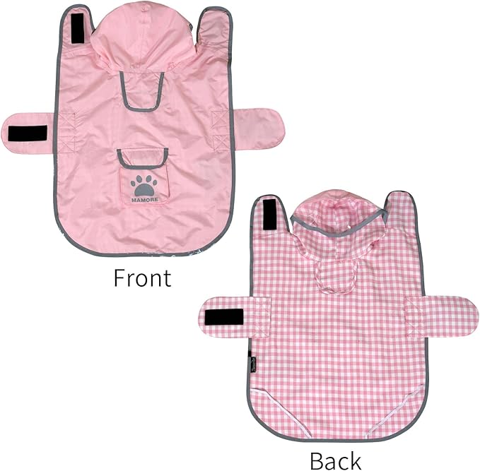 MAMORE Dog Raincoat Reversible,Waterproof Dog Rain Coat Hooded Slicker Poncho with Reflective Strip, Plaid Double Layer Rain Jacket for Small Medium Large Dogs (Pink, Medium)