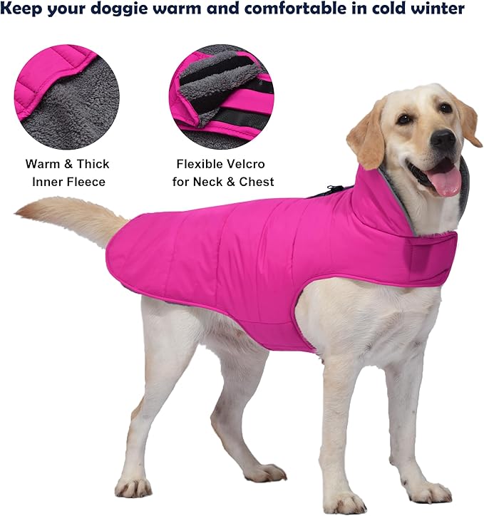 Dog Winter Coat, Waterproof Dog Jacket with Leash Hole, Reflective Adjustable Pet Snow Vest, Warm Fleece Sweater for Small Medium Large Dogs - Pink, XL