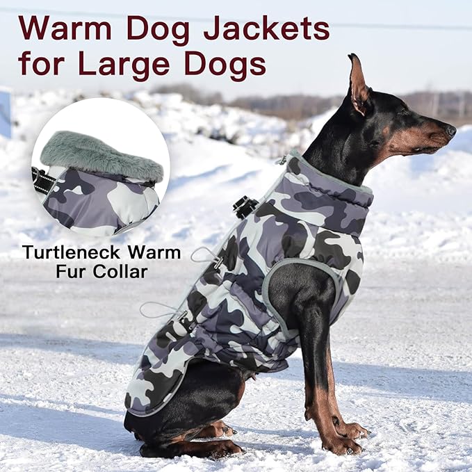 Dog Coat Dog Winter Jacke- XX Large, Warm Dog Coat Zip Up Snowsuit Dog Harness Vest Reflective Water-Resistant Dog Coat Dog Snow Jacket for Large Dogs Border Collie, Pit Bull, Grey-Camouflage