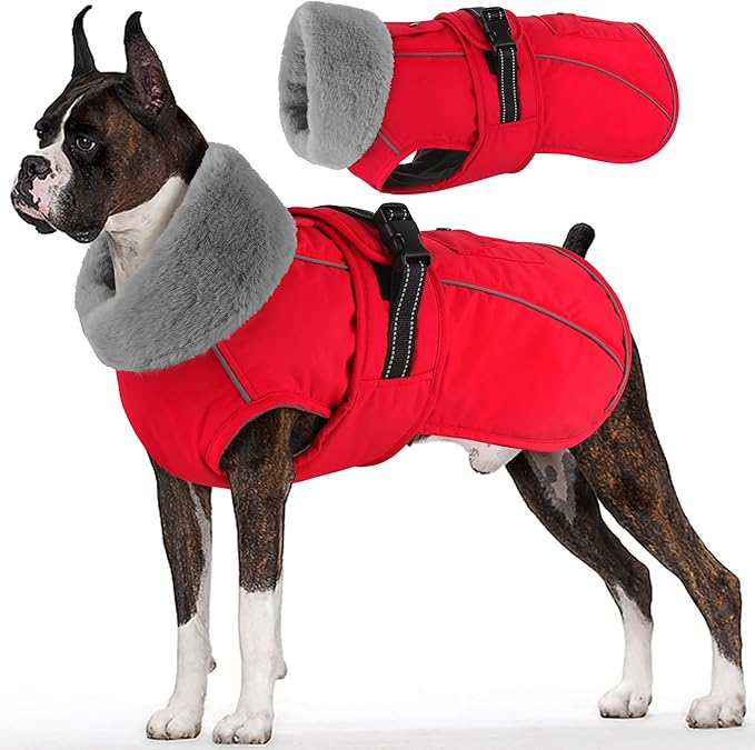 Dogcheer Dog Coat with Pocket, Waterproof Dog Jacket with Adjustable Buckle, Reflective Puppy Winter Coat Warm Turtleneck Fleece SnowJacket for Small Medium Large Dogs - Red XL