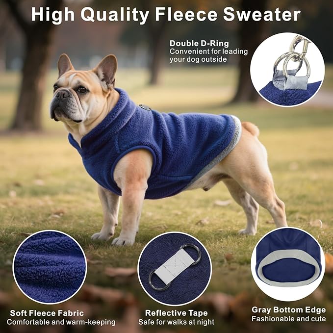 Idepet 2 Pack Dog Fleece Vest Sweater Warm Pullover Jacket with D-Ring Leash Reflective Winter Coat Hoodie for French Bulldog Pug Chihuahuas Yorkies Dachshunds(Black&Blue,Large-French Bulldog)