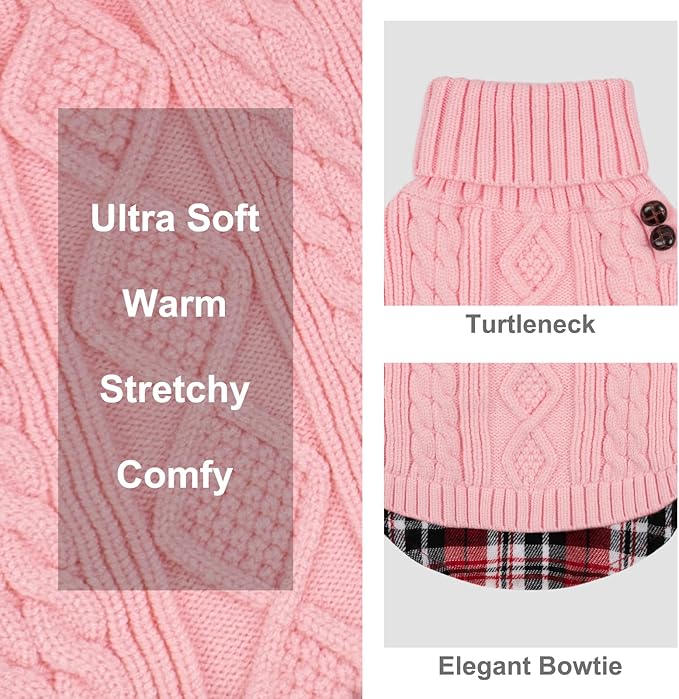 KYEESE Dog Sweater Stretchy Knitwear Cat Clothes Soft Pullover Dog Sweaters for Small Dogs Girl Thick Pet Coat for Fall Winter Cold Weather Warm Turtleneck Small Dogs Sweater with Gingham Patchwork