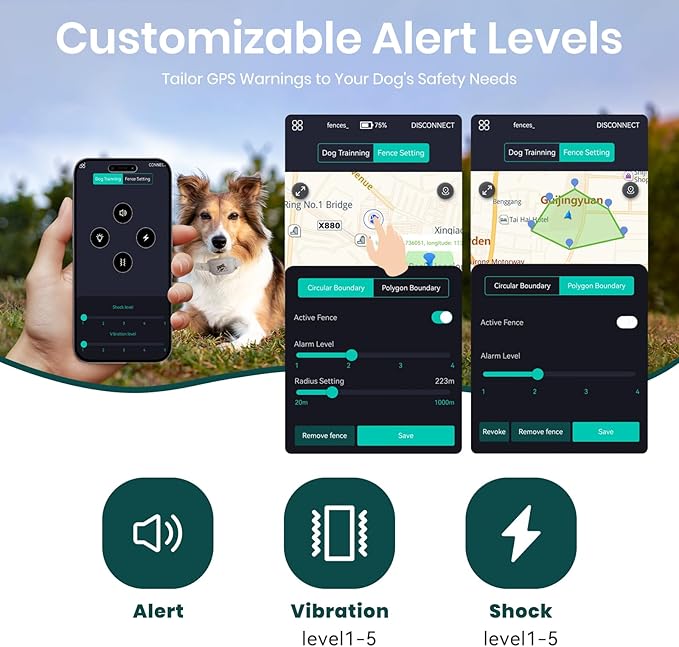 GPS Dog Electronic Fence, Wireless Training Collar- No Subscription Required, Customizable Boundaries via App 3280 FT, IPX7 Waterproof Rechargeable Collar, Automatic Sleep/Wake（White）