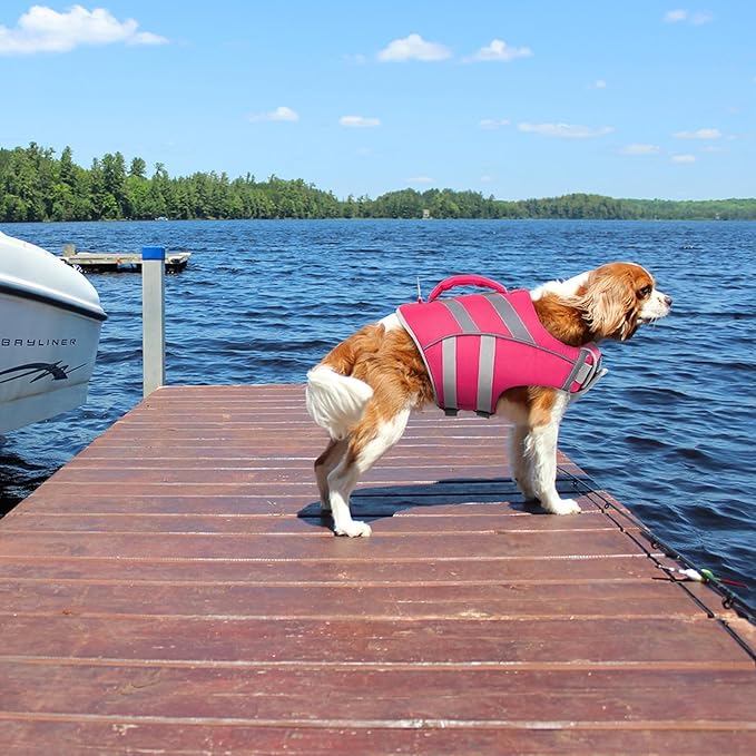 Kuoser Large Dog Life Jacket - Reflective Swim Vest for Boating, Pink XL