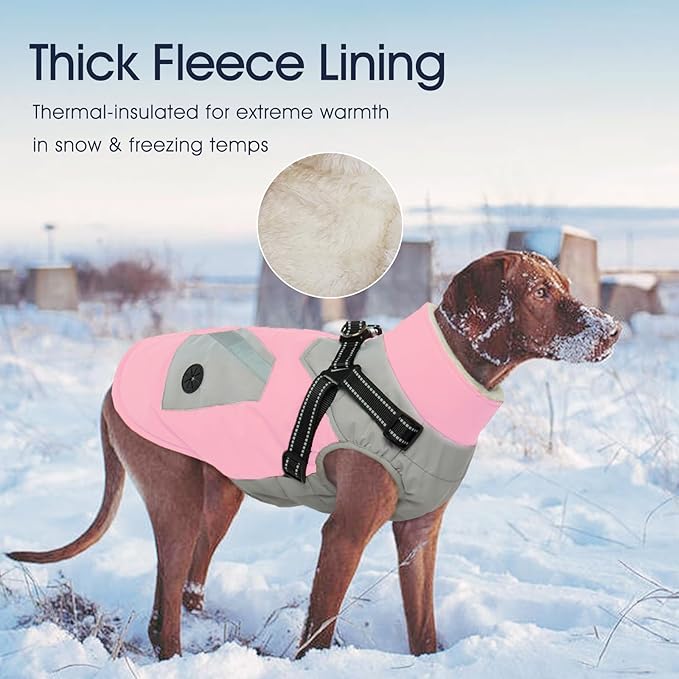 IECOii Dog Coat for Large Dogs Waterproof Dog Winter Jacket with Harness Built in, Pink - XXLarge, Thermal Warm Fleece Lined, Reflective Dogs Jackets for Cold Weather Camping, Hiking, Pitbull