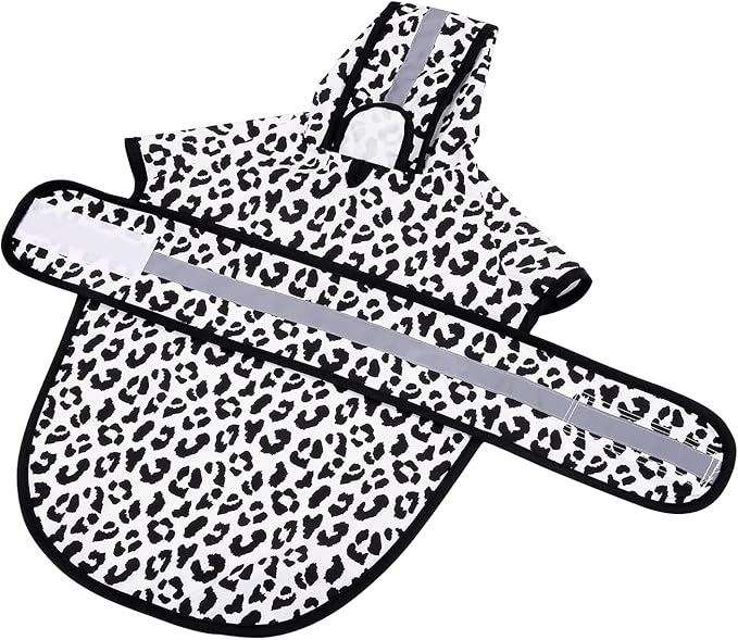 HDE Dog Raincoat Jacket Reflective Adjustable Hooded Pet Poncho Rain Coat with Leash Hole for Small to X-Large Dogs Snow Leopard - L