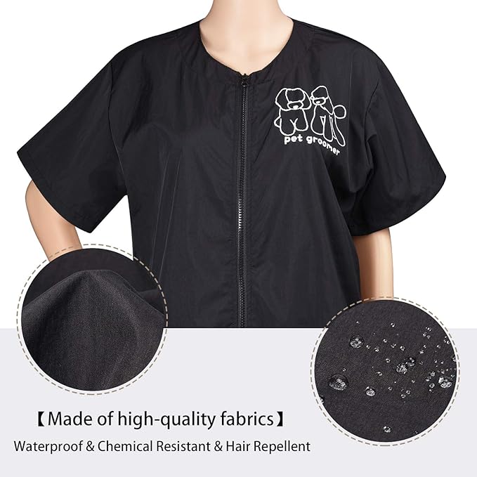 Noverlife Short Sleeves Pet Grooming Work Clothes with Full Zipper, XL Size, Splash Proof Anti-Static Pets Beautician Smock, Dog Cat Groomer Cosmetologist Uniforms for Pet Shop Men Women