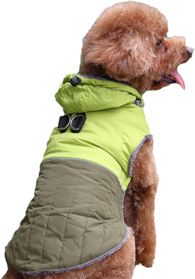 Detachable Hooded Dog Coat with Harness for Small Dogs,Super Warm Fleece Puppy Jacket for Cold Winter Doggie Coats,Green S