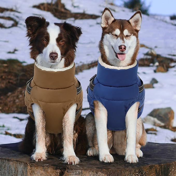 Dog Winter Coat with Harness Built in Warm Puffer Dog Jackets for Small Medium Large Dogs Windproof Waterproof Outfit with Plush Lining and Reflective Stripes (Brown, M)