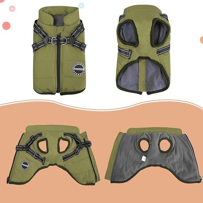 Dog Winter Coat,Warm Jacket Paded Fleece Pet Vest with Built in Harness, Windproof Reflective Cozy Adjustable Snow Pet Coat Clothes with Zipper for Small Medium Large Dogs
