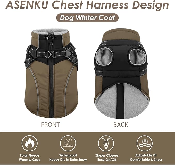 ASENKU Reflective Dog Coat with Built-in Harness, Windproof Fleece-Lined Dog Jacket for Small, Medium, Large Dogs, Warm Winter Vest with Turtleneck & Zipper (Khaki L)