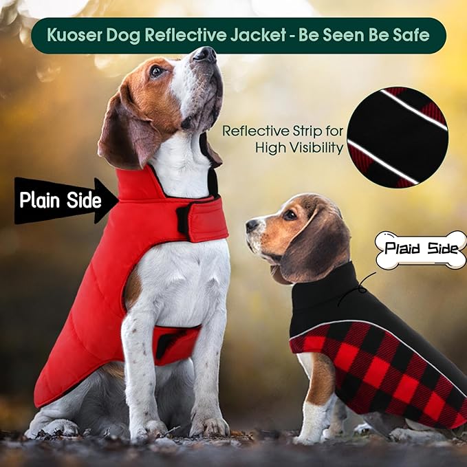 Kuoser Dog Winter Coat, Reversible Waterproof Dog Jacket with Reflective Strip, Warm Dogs Fleece Vest Adjustable Doggy Cold Weather Clothes Plaid Christmas Outfit Pet Apparel for Large Dogs, Red 2XL