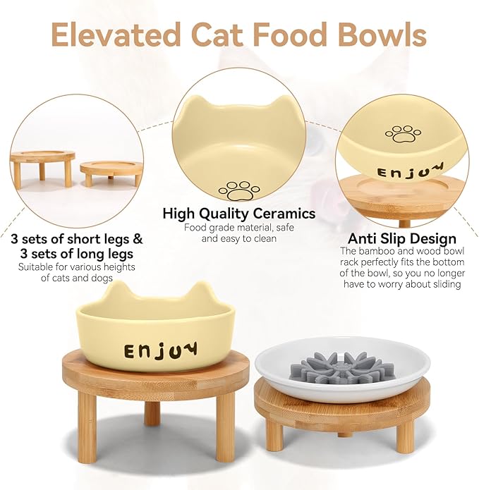 3PCS Elevated Cat Bowls,Wide Raised Ceramic Pet Dishes with Bamboo Stand, Whisker Friendly Pet Water or Food Plates Feeding Station for Indoor Small Dogs, Kitten (Yellow(3PCS))