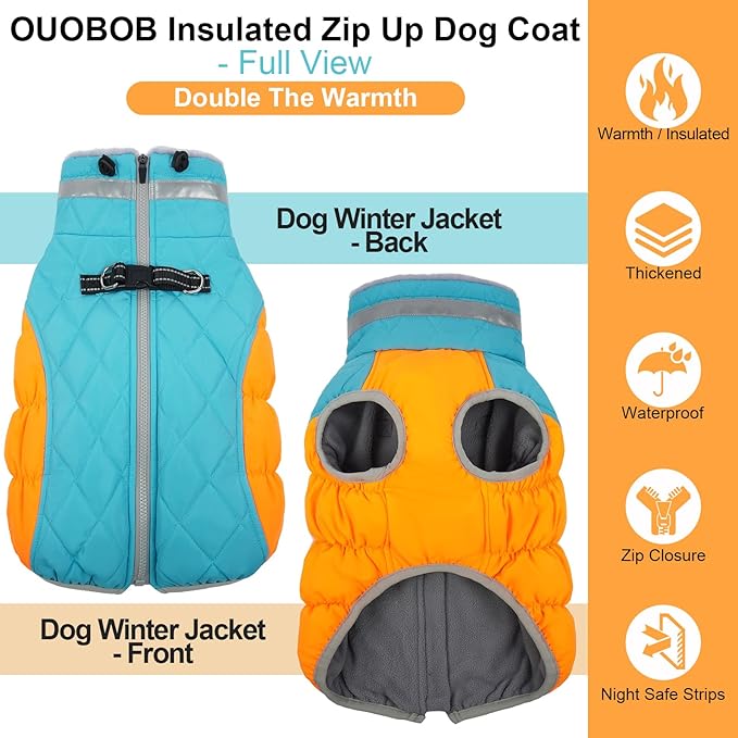 Warm Dog Jackets for Large Dogs, Waterproof Dog Coat with Harness Built in, Zipper Clousure, Fleece Lining for Cold Weather Outdoor Walks, Pet Snowsuit for Shiba Inu, French Bulldog - L
