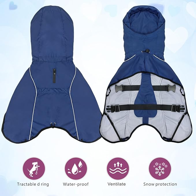 Mosucoirl Dog Raincoat Jacket Reflective Adjustable Hooded Pet Poncho Rain Coats with Leash Hole Waterproof Clothes for Small Medium Large Dogs (NavyBlue, XXL)