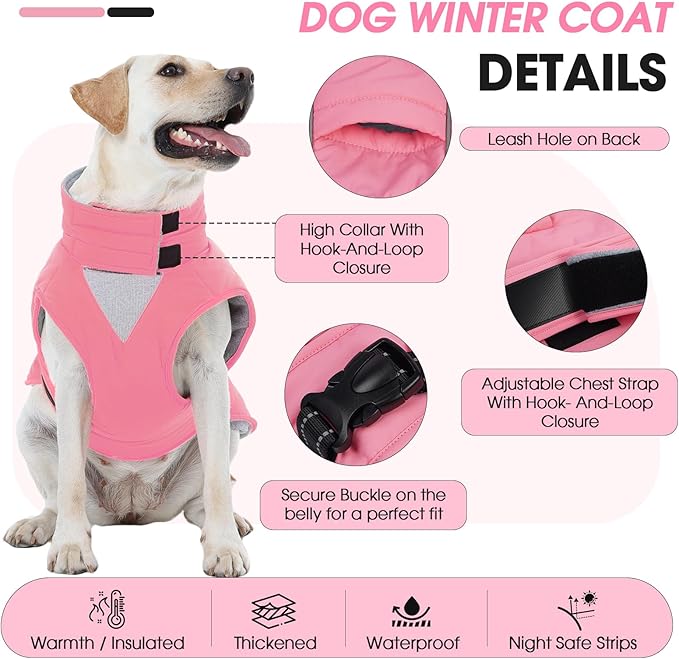 Extra Large Dog Coat, Warm Dog Winter Jacket, Waterproof Dogs Snowsuit with Foldable High Collar, Reflective Strips, Adjustable Hook & Loop Closure - Ideal for Cold Weather - Pink 4XL