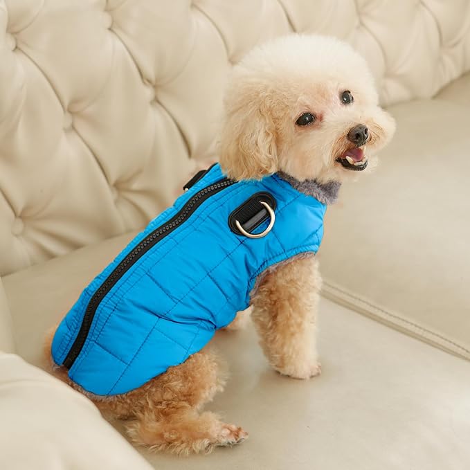 Warm Fleece Dog Coats with Durable Harness Buitl in D-Ring,Waterproof Puppy Jacket for Small Dogs,Dog Vest for Cold Winter,Light Blue S