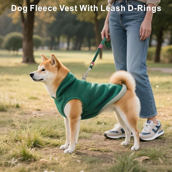 Idepet 2 Pack Dog Fleece Vest Sweater Warm Pullover Jacket with D-Ring Leash Reflective Winter Coat Hoodie for French Bulldog Pug Chihuahuas Yorkies Dachshunds(Dark Green&Grass Green,Large)