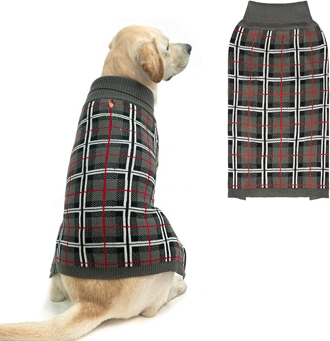 PUPTECK Dog Sweaters for Large Medium Small Dogs - Fall Classic Plaid Style Puppy Holiday Winter Coat Clothes Warm, Grey, XL