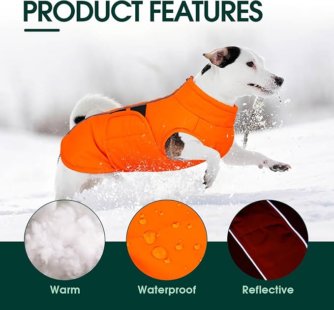 Kuoser Dog Jacket, Winter Dog Coats for Medium Dogs, Reflective Doggie Cold Weather Coats Pet Clothes, Puppy Snow Jacket for Frech Bulldog, Boston Terrier, Orange L