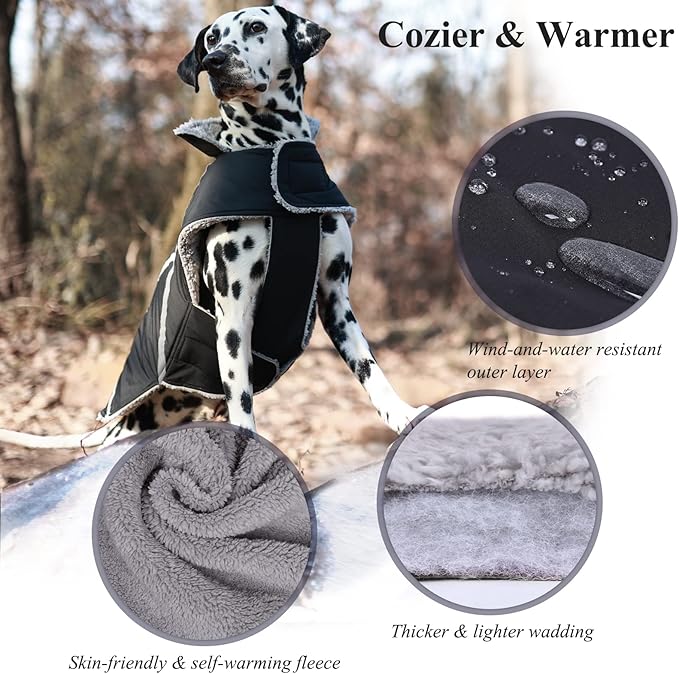 VIVAGLORY Frostfit Dog Coat, Dog Jacket for Winter & Cold Weather, Warm Fluffy Fleece Lined Water Resistant Reflective for Puppy, Coat with Velcro Fastening & Leash Hole, L, Black