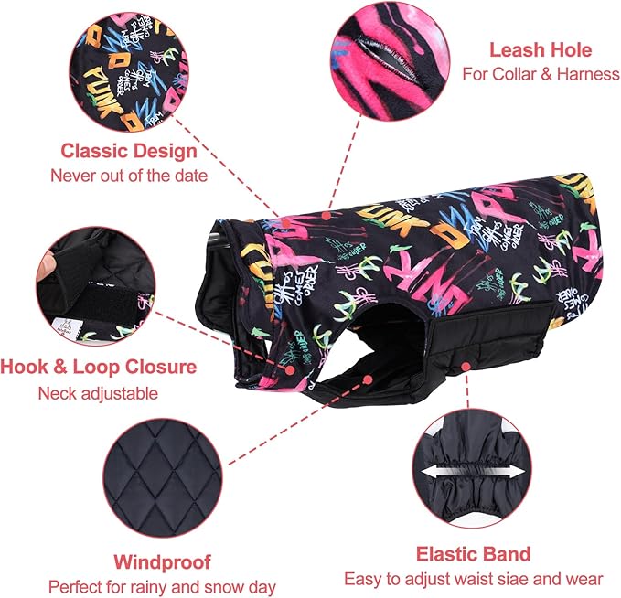 CuteBone Winter Coat Waterproof Windproof Jacket Reversible Vest Thick Adjustable Cold Weather Coats for Small Medium Large Dogs Soft With Leash Hole GMF31L