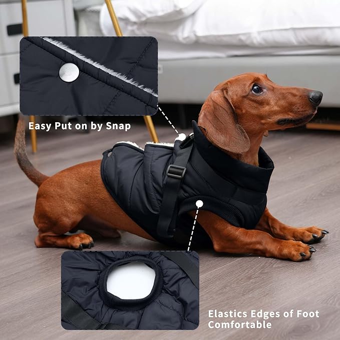 Dog Jacket with Harness,Fleece Lined Warm Puppy Coat for Winter,Soft Windproof Small Dog Vest,Black M