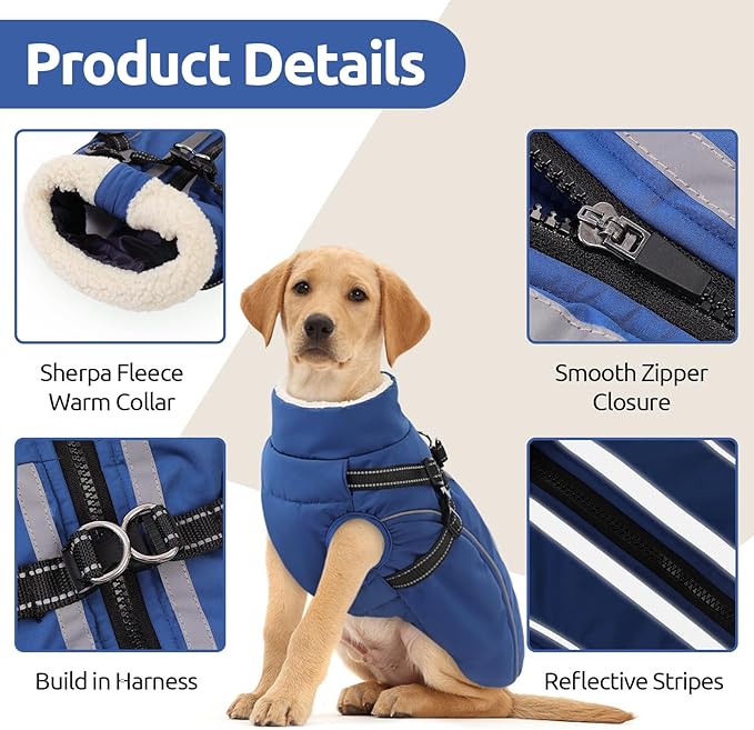 Dog Winter Coat with Harness Built in Warm Puffer Dog Jackets for Small Medium Large Dogs Windproof Waterproof Outfit with Plush Lining and Reflective Stripes (Blue, L)
