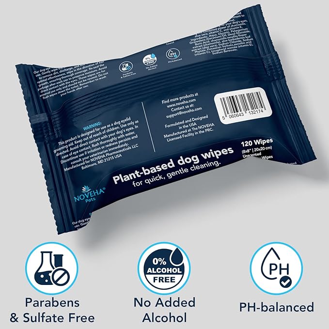 NOVEHA 120PCs Dog Wipes - Odor Eliminating and Cleaning Grooming Wipes for Dog's Paws, Body, and Butt - Perfect for Puppy and Adult Dogs - Plant-Based, Safe, Convenient & Large Unscented Wipes