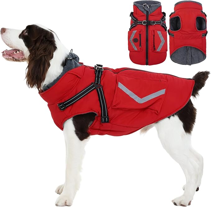 FUAMEY Dog Winter Coat with Harness, Insulated Jacket for Dogs Cold Weather Clothes, Back Zipper Doggie Cover for Snow Day, Pet Outfits with Pop Bag Pockets for Large Dogs, Boston Terrier (Red, L)