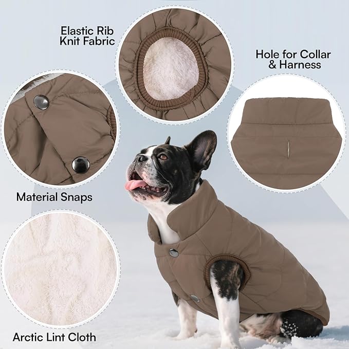 ASENKU Dog Winter Coat - Waterproof Windproof Dog Jacket, Warm Snowproof Doggie Puffer Vest for Cold Weather, Lightweight Snow Coats for Small Medium Large Dogs(L, Coffee)