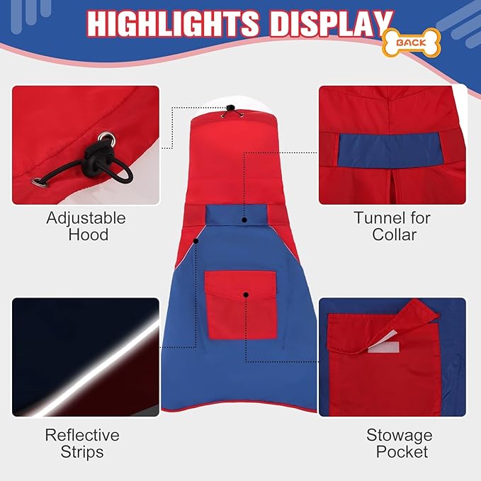 BINGPET Adjustable Dog Rain Jacket, Waterproof, Snowproof, Windproof - Reflective Striped Clear Hooded Slicker Poncho (Red-Blue, L)