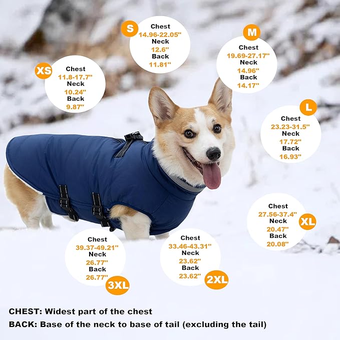 Large Dog Coat with Harness Built-in, Waterproof Reflective Fleece Lined - Warm Windproof Winter Jacket with Back Zipper, Cold Weather Snow Dog Coats - Blue - XL