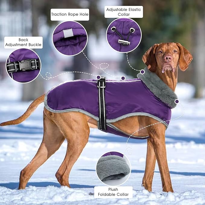 Dog Winter Jackets for Large Dogs,Size L Warm Pet Coat with Leash Hole,Waterproof Dogs Snowsuits Warm Pet Jacket Fleece Cold Weather Coats Reflective Puppy Vest,Dog Cold Weather Coats,Purple,L