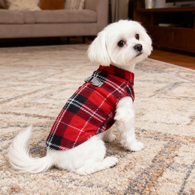 BEAUTYZOO Dog Fleece Vest Sweater Winter Jacket for Small and Medium Dogs with D-Ring Leash Cold Weather Coat Hoodie for XS S M Dogs Boy or Girls, Red Buffalo M