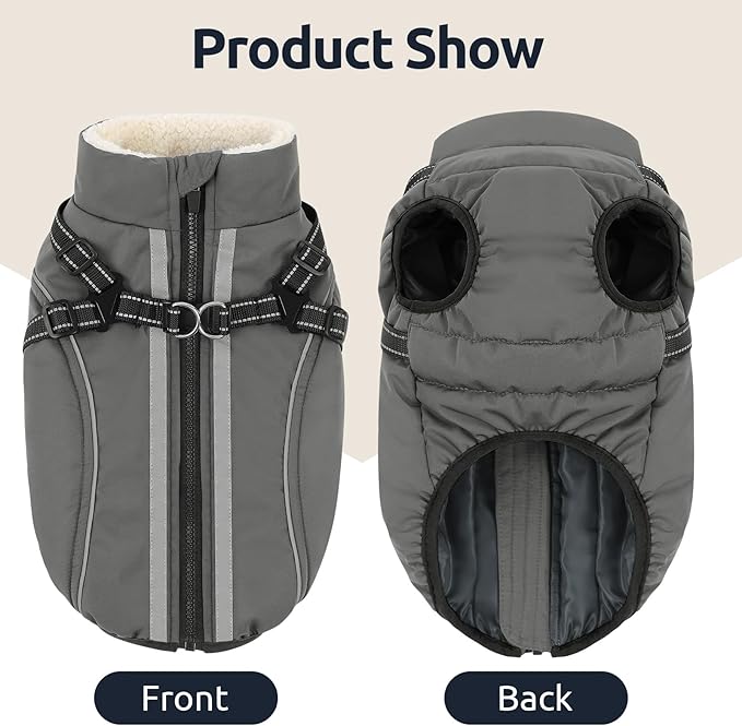 Dog Winter Coat with Harness Built in Warm Puffer Dog Jackets for Small Medium Large Dogs Windproof Waterproof Outfit with Plush Lining and Reflective Stripes (Grey, S)