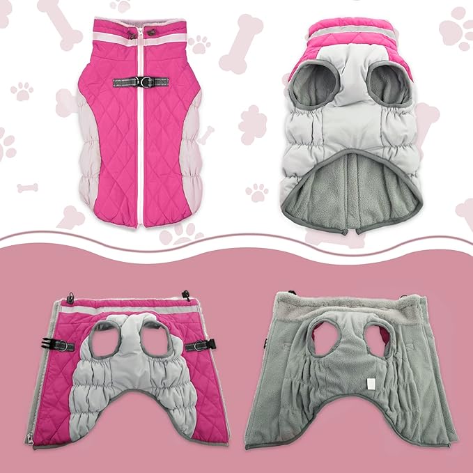 Lelepet Dog Coat Warm Dog Winter Coat Waterproof Dogs Jacket with Harness Built in Reflective Pet Fleece Vest Zip-Up Cold Weather Coats for Medium Dogs Turtleneck & Windproof Coats Dachshund Rose Red