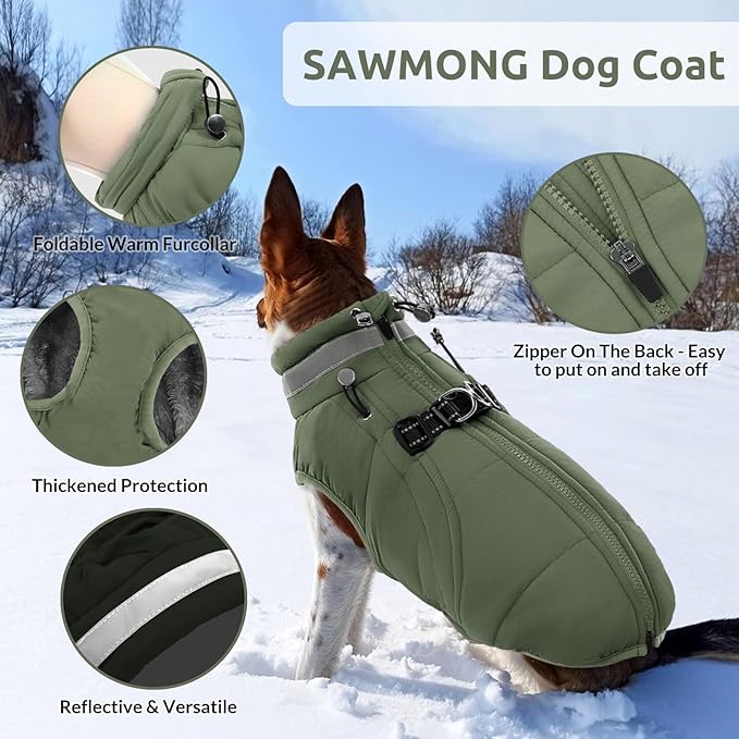 SAWMONG Dog Coat, Warm Dog Winter Coat, Waterproof Fleece Jacket, Cold Weather Dogs Jacket (XS,Green)