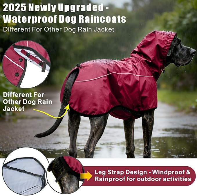 Mosucoirl Dog Raincoat Jacket Reflective Adjustable Hooded Pet Poncho Rain Coats with Leash Hole Waterproof Clothes for Small Medium Large Dogs (Red, L)
