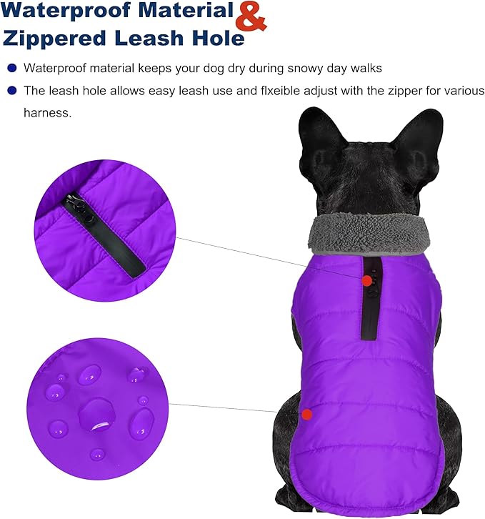 Dog Winter Coat, Waterproof Dog Jacket with Leash Hole, Reflective Adjustable Pet Snow Vest, Warm Fleece Sweater for Small Medium Large Dogs - Purple, XL