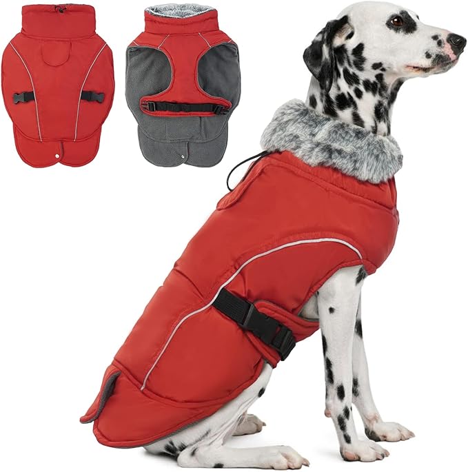 DENTRUN Large Dog Coat - Thick Fleece Lined Reflective Winter Jacket, Snap Closure & Leash Hole, Warm Thick Fleece Lined, Plush Turtleneck Vest for German Shepherd, Red, XXL