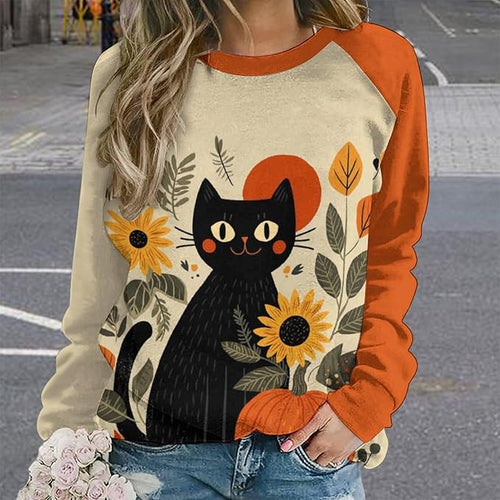 Abstract Cute Cat Shirts for Women Long Sleeve Lady Crewneck Pullover Sweatshirt Fall Winter Oversized Tops