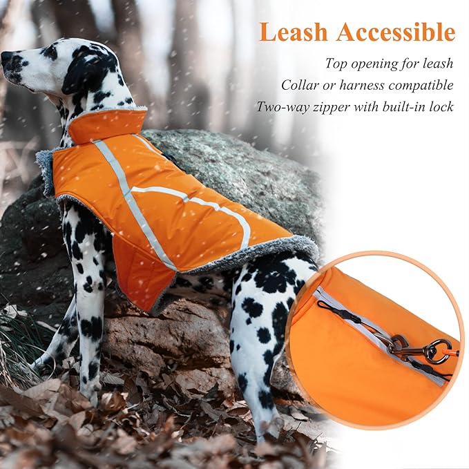 VIVAGLORY Frostfit Dog Coat, Dog Jacket for Winter & Cold Weather, Warm Fluffy Fleece Lined Water Resistant Reflective for Puppy, Coat with Velcro Fastening & Leash Hole, L, Orange