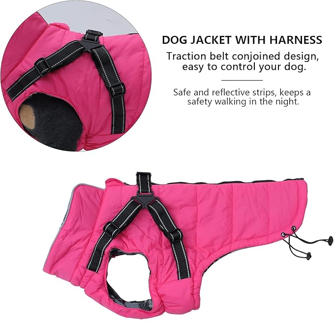 Winter Warm Coat Geyecete Waterproof Jacket with Harness Traction Belt,Pet Outdoor Jacket Dog Autumn and Winter Clothes for Medium, Small Dog-Pink-M