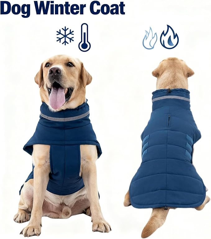 Dog Coat, Waterproof Winter Jacket, Warm Windproof Jacket, Reflective Adjustable Turtleneck Coats for Small Dogs with Hook & Loop - Blue - S