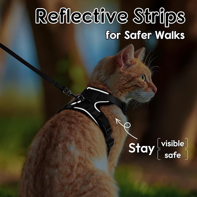 Dooradar Cat Harness and Leash Set, Escape Proof Safe Adjustable Kitten Vest Harnesses for Walking, Easy Control Soft Breathable Mesh Jacket with Reflective Strips for Cats, Black, S